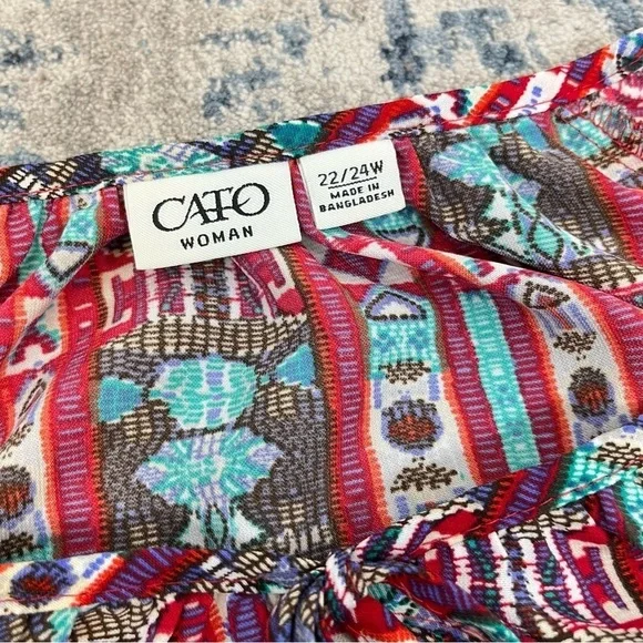 2/$25 CATO Red Bohemian Boho Tribal Western Lightweight Business Casual Blouse - Picture 12 of 14